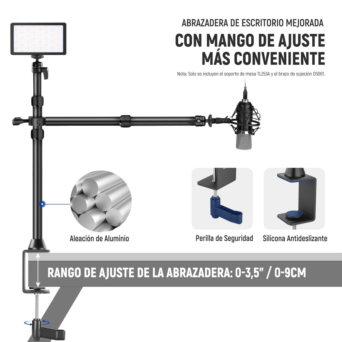 NEEWER TL253A+DS001 Soporte Sobremesa Brazo Extensible para Cámara y Móvil | Soporte para Teléfono, Cabezales Esféricos, Adaptador Tornillo, Soporte Sobremesa para Cámara, Móvil, Webcam Y Anillo De Luz