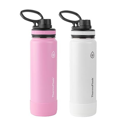 ThermoFlask - Juego de 2 botellas de agua con aislamiento al aspiradora de doble pared, 24 onzas, color fresa/blanco ártico