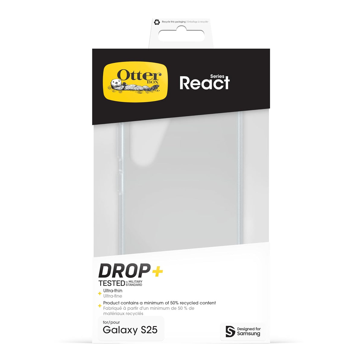 OtterBox - Funda Transparente para Samsung Galaxy S25 React Series, Compatible con Carga Inalámbrica y Protección DROP+