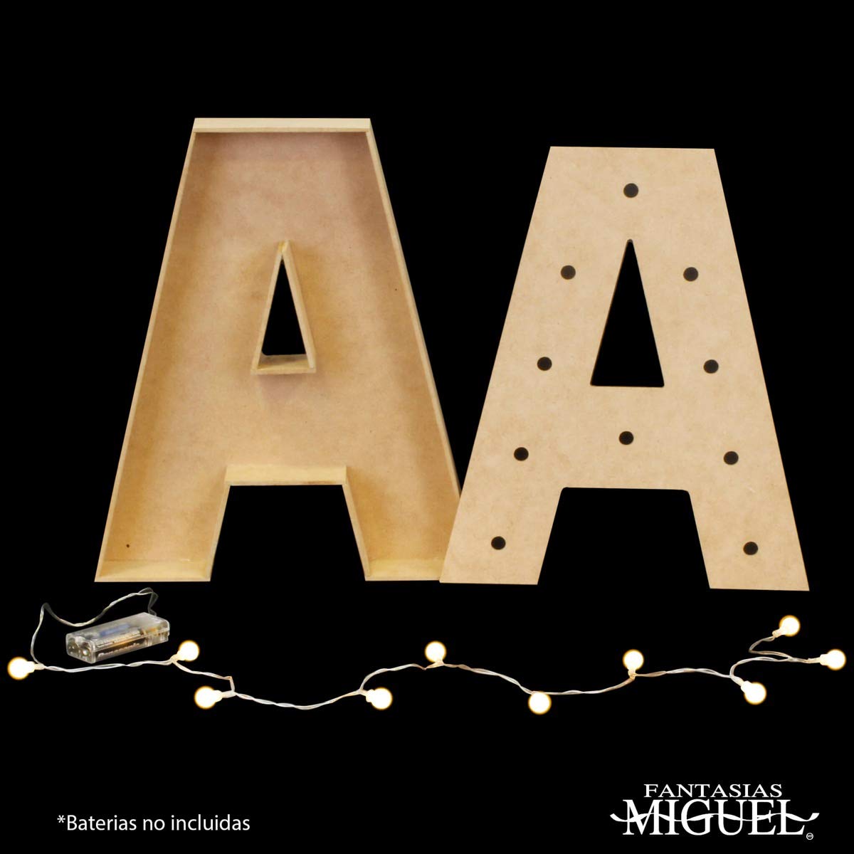 Mylin Letras de Madera con Serie de Focos LED. Tamaño 25cm. Letras del Alfabeto, Para Fiestas, Mesas de Dulces, Bar, Bodas, Recepciones, Escenarios, Hogar. Letra A