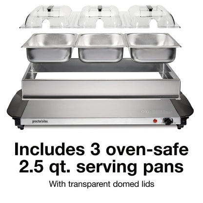 Proctor Silex 34300 Servidor buffet (bufetera)/ Bandeja de calentamiento, Terminado acero inoxidable, Three 2.2 Quart Stainless Steel Chafing Dishes