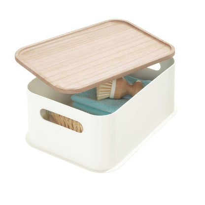 iDesign cubeta de Almacenamiento Mediano de plástico Reciclado con Asas y Tapa de Madera de Paulownia, 8.4 x 11 x 5 Pulgadas, Coco