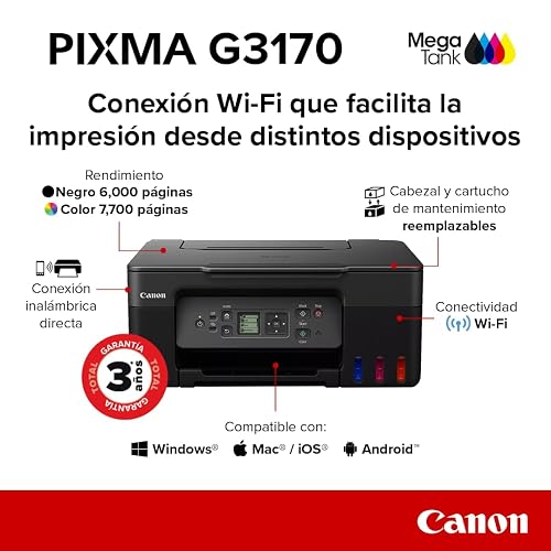 Canon Impresora Multifuncional Wi-Fi G3170 de Tanque de tintas, Alto Rendimiento