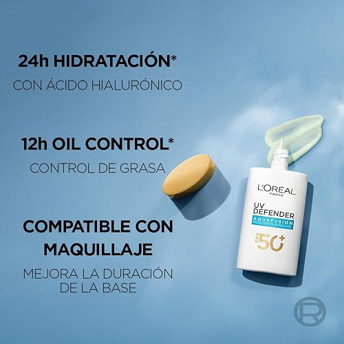 L'Oréal Paris UV Defender Aquafusion Protector Solar Diario FPS50+, Protector Solar Aqua-Gel, Previene Manchas Solares y Arrugas, Absorción Rápida en 3 Segundos, 50ml.