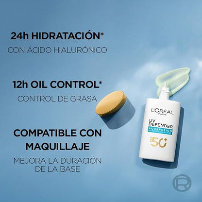 L'Oréal Paris UV Defender Aquafusion Protector Solar Diario FPS50+, Protector Solar Aqua-Gel, Previene Manchas Solares y Arrugas, Absorción Rápida en 3 Segundos, 50ml.