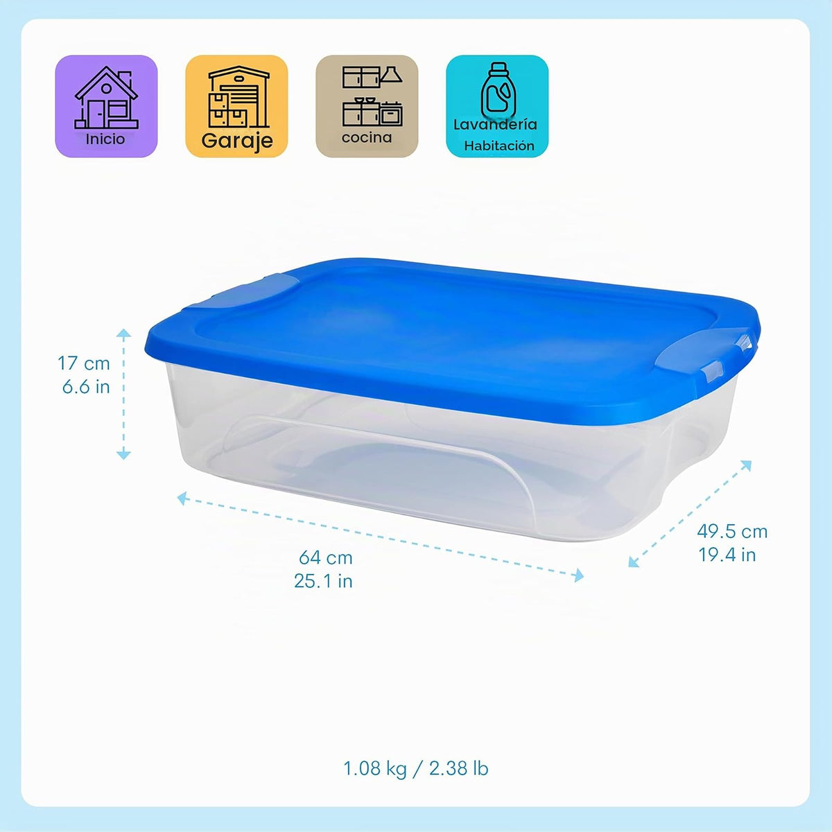Italhome - Caja Organizadora, Capacidad a 36 Litros con Tapa, Ideal para la Organización en el Armario, Cocina, Oficina, Color Transparente