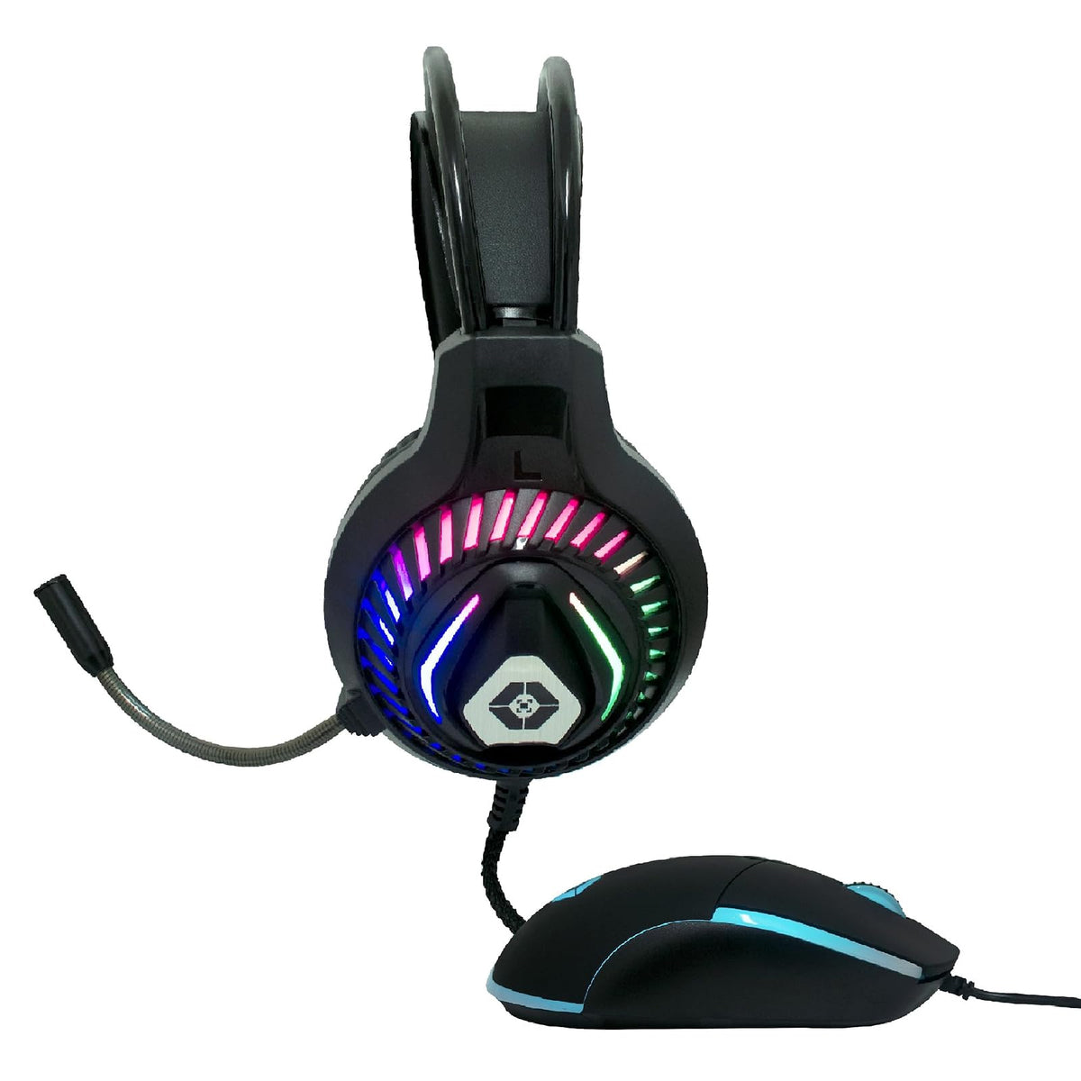 PERFECTCHOICE Kit Audifonos Alámbricos y Mouse Gamer Luz RGB V-930648 Negro Raito VORTRED