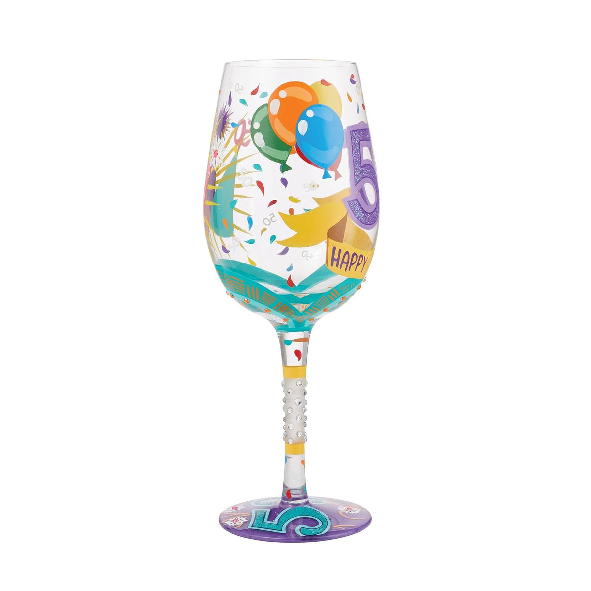 Enesco Designs by Lolita Happy 50th Birthday - Copa de vino artesanal pintada a mano, 15 onzas, multicolor