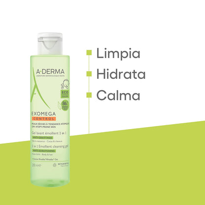 A-DERMA Exomega Control Gel Limpiador de Bebe Piel Atopica Muy Seca, 200 ml