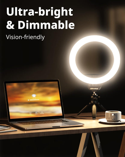 UBeesize Anillo de luz para Selfie de 10 Pulgadas con Soporte para trípode y Soporte para teléfono Celular, luz Circular LED de Escritorio Regulable