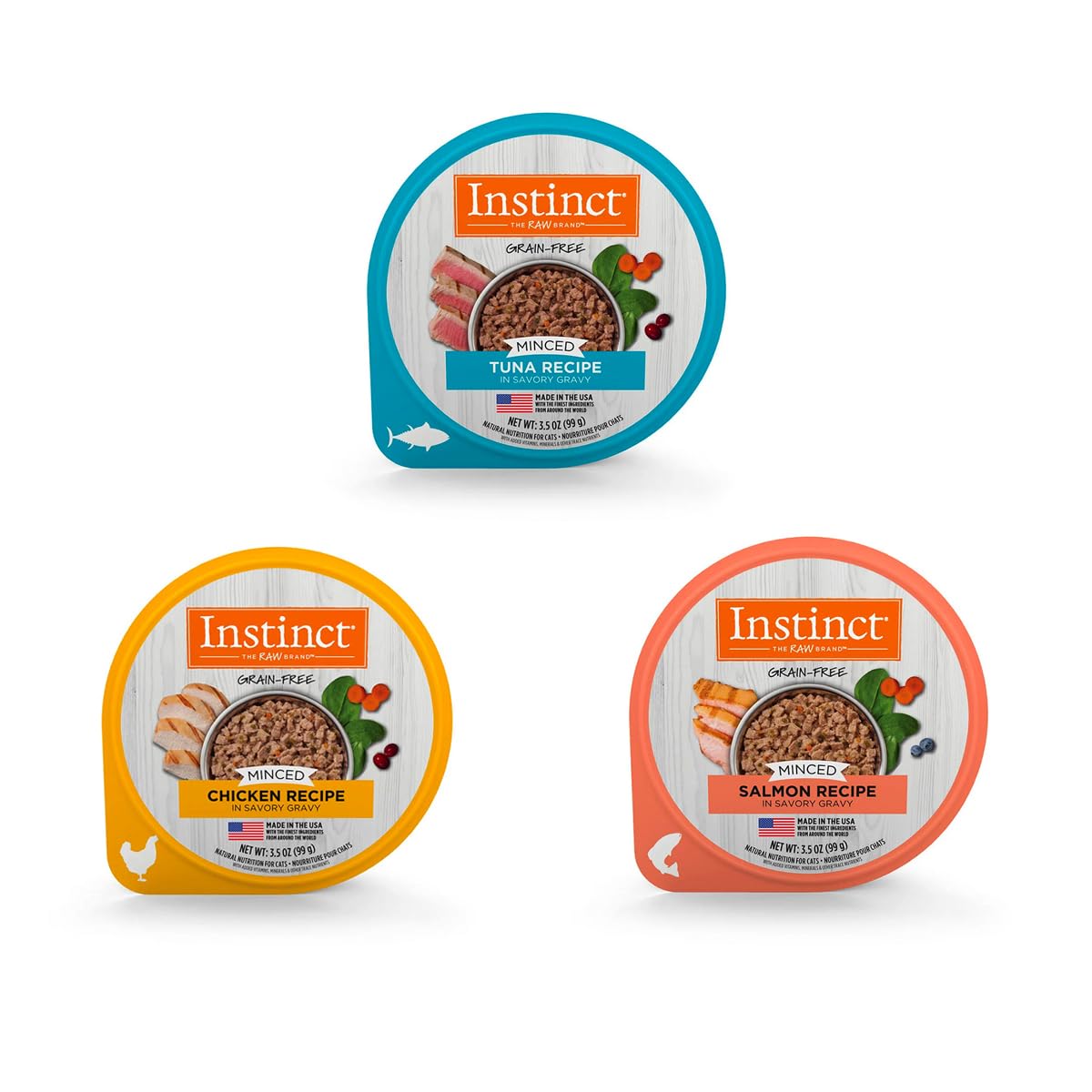 Instinct Original Minced Cups, Alimento Húmedo para Gato, Mix de Sabores, Trozos en Caldo, 12 Piezas de 99g