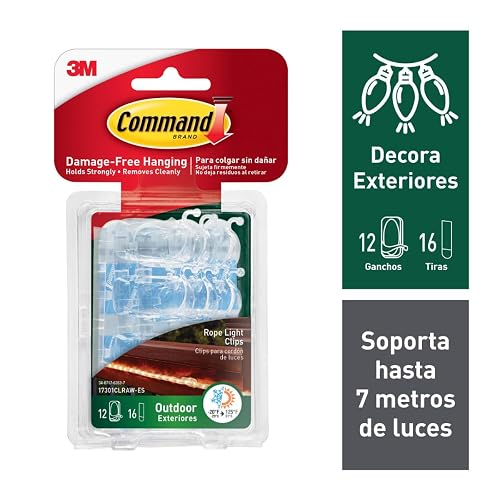 Command 3M Gancho Adhesivo sin dañar la superficie, Uso Exterior, Mediano, Transparente, 12 piezas