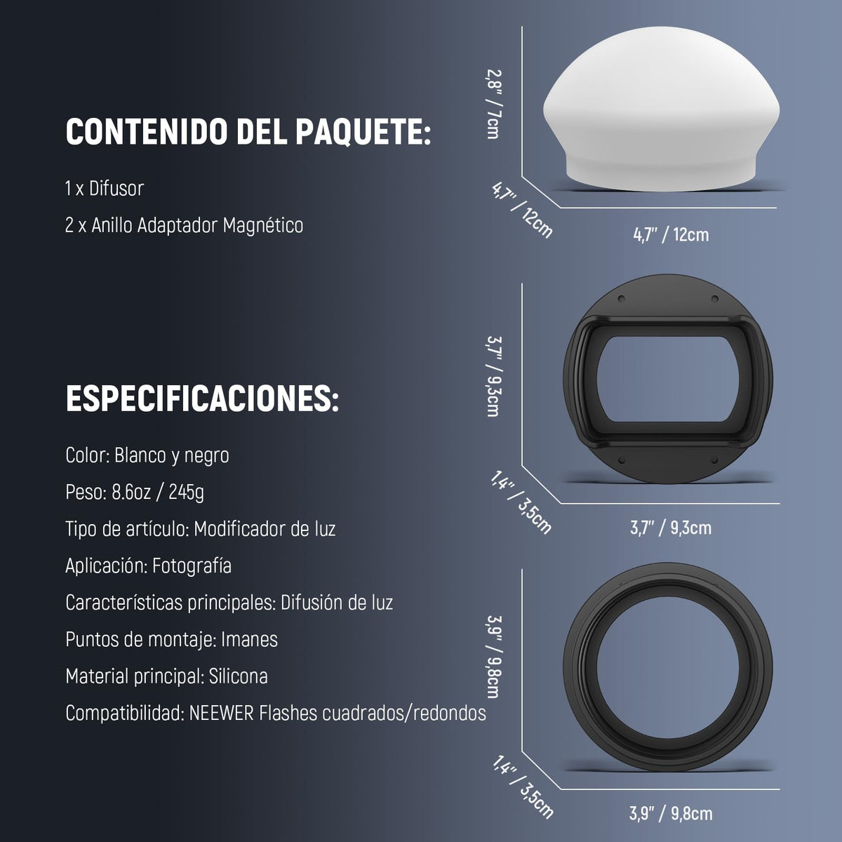NEEWER Difusor de Flash de Silicona con Dos Anillos Adaptadores Magnéticos, Modificador de Luz para NEEWER NW700 NW760 Z880 Z760 Cabeza Cuadrada y Z1 Z2 Z2PRO Z2II Z3 Cabeza Redonda Speedlite, CRS2