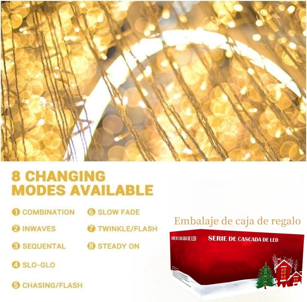 Luces Navideñas Cascada de Luces led -POWEROAK Luces de Navidad 9M 500LED IP44 Serie de Cascada led con 8 Modos de Iluminación Luz cascada Navidad Decorativas. (9M 500LED, Blanco cálido)