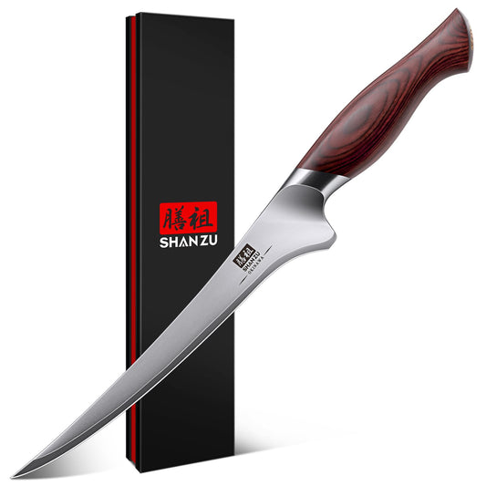 Cuchillo fileteador SHAN ZU de 7 pulgadas, afilado como una navaja, para deshuesar carne en acero japonés de alto carbono 10Cr15Mov. Cuchillo para pescado, cocina profesional con hoja flexible