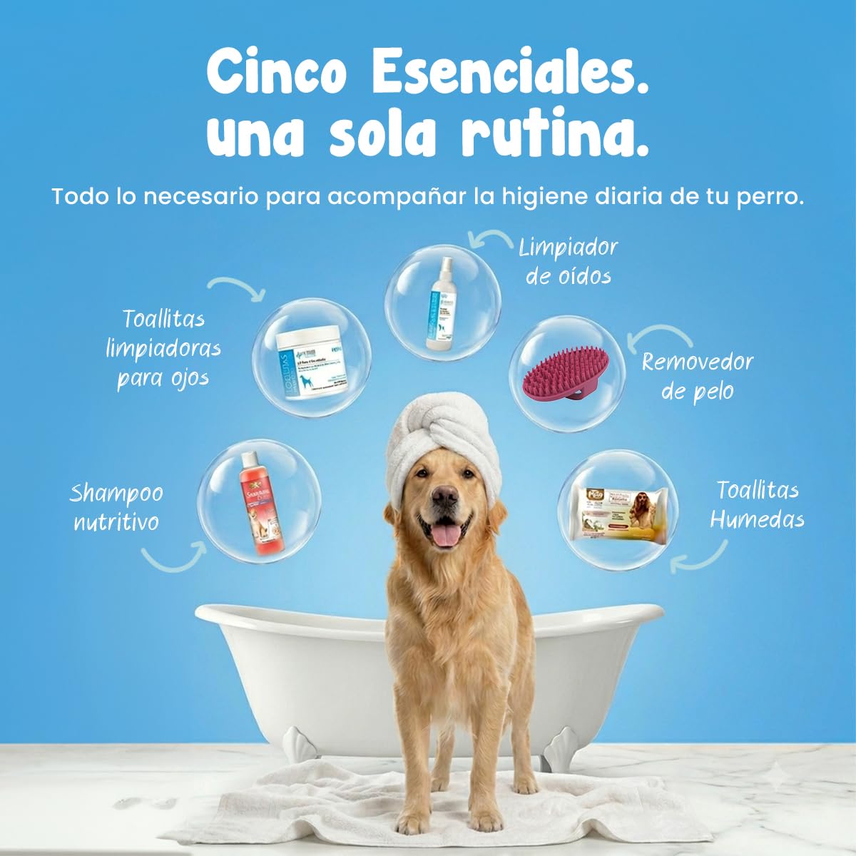 Fancy Pets MS Kit de Limpieza Básica para Perros con Limpiador de Oídos 125 ml, Toallitas para Ojos 80 pzas, Toallitas Húmedas 40 pzas, Removedor de Pelo y Shampoo Nutritivo 250 ml