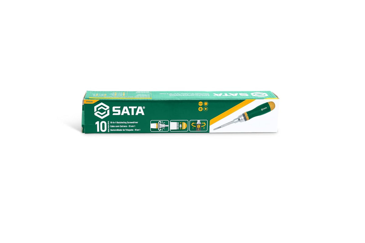 SATA ST09350 - Juego de destornilladores de carraca multiusos 19 en 1 con 8 puntas de doble cara y un mango resistente al aceite verde y amarillo