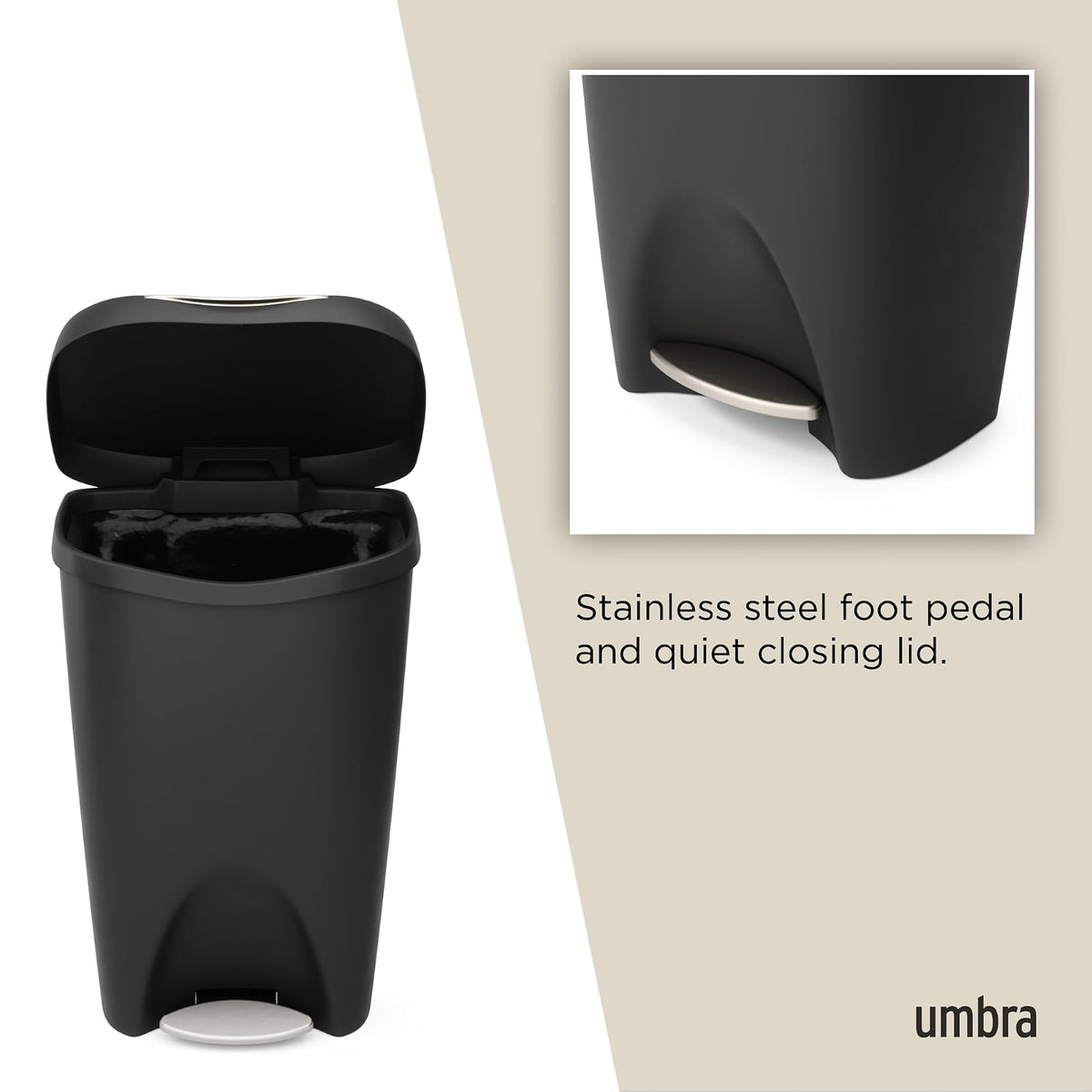 Umbra Brim Bote de Basura Moderno Grande con Tapa para Cocina y Baño, 50L, Negro