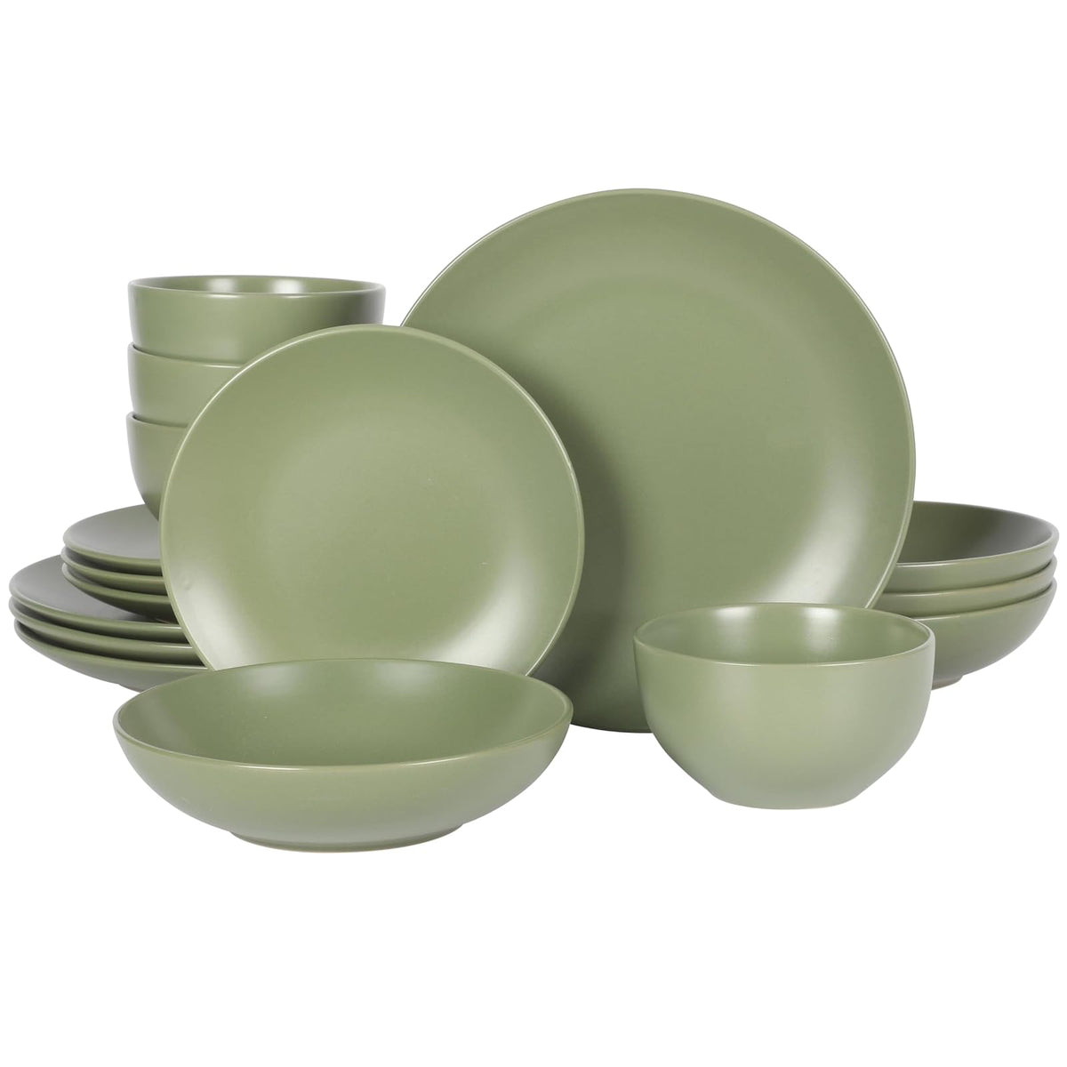 Gibson Home Zuma Vajilla de Gres, Servicio para 4 o 6 - Service for Four (16pcs - Double Bowl) - Verde mate (doble tazón)