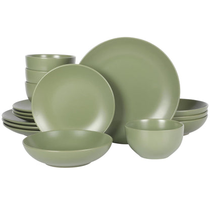 Gibson Home Zuma Vajilla de Gres, Servicio para 4 o 6 - Service for Four (16pcs - Double Bowl) - Verde mate (doble tazón)