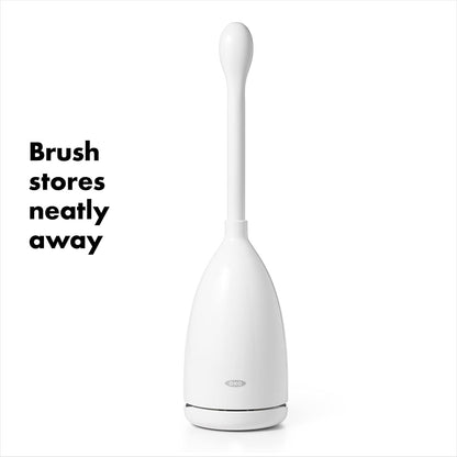 OXO Good Grips - Escobilla para Inodoro, Color Blanco | El recipiente almacena cepillo para polvo, cerdas cónicas para una limpieza a fondo, ideal para la limpieza del baño