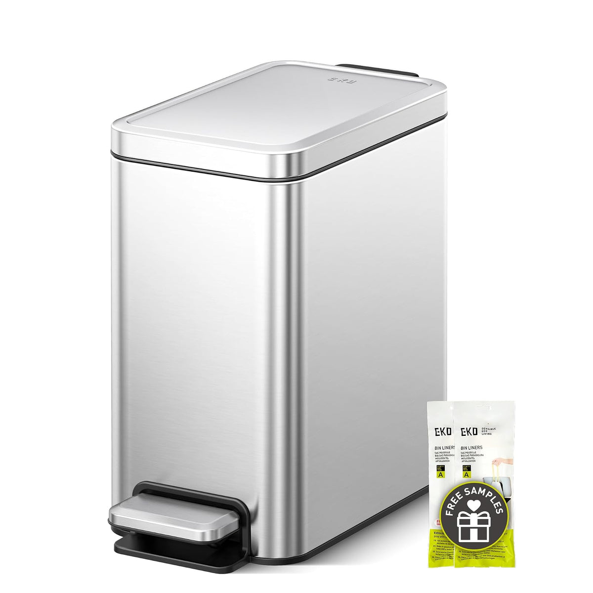 EKO - Bote de basura pequeño para baño con tapa, cierre suave, pedal de paso, bote de basura de acero inoxidable de 6 litros/1.6 galones con cubeta interior extraíble, acabado antihuellas (plata) - 6L SS