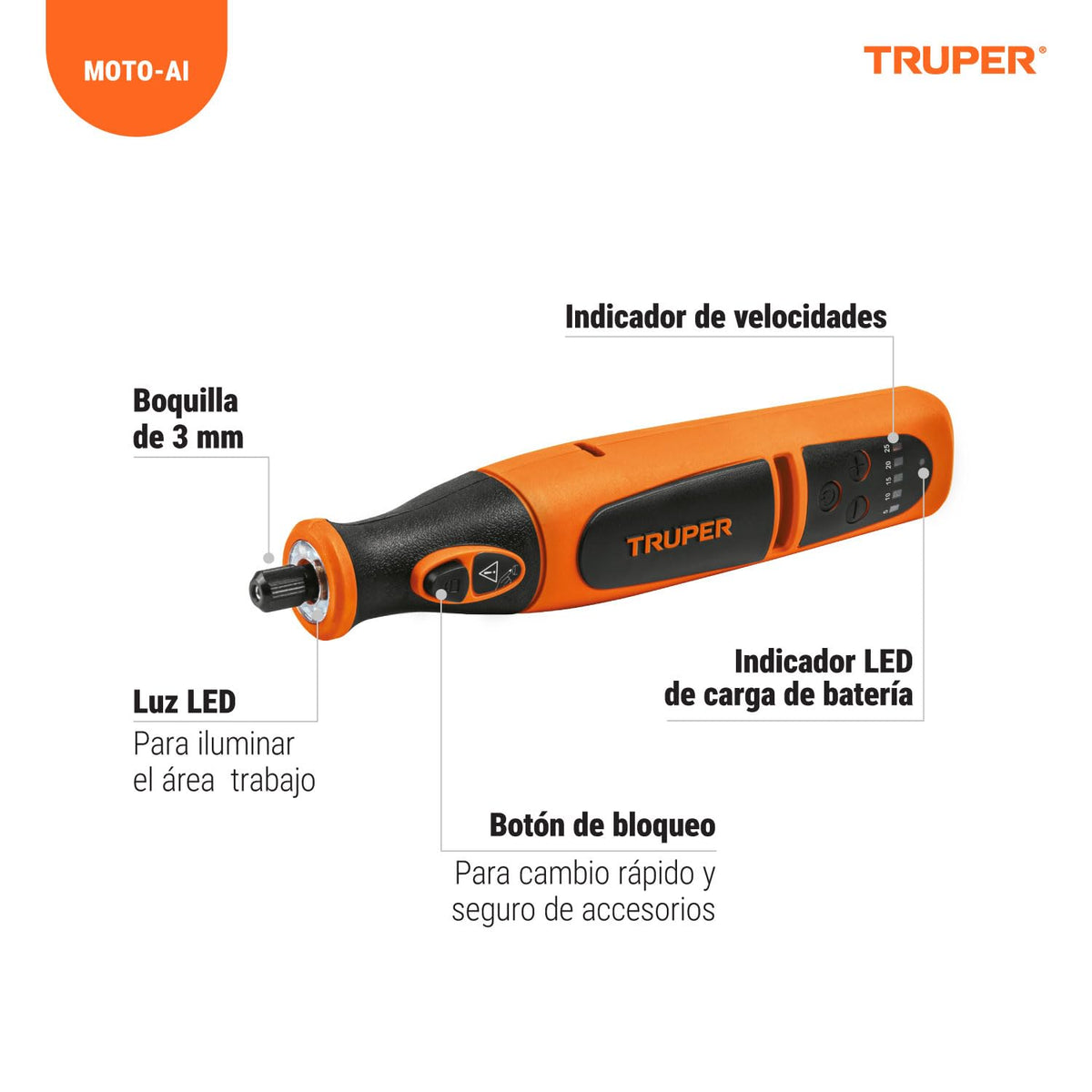 Truper MOTO-AI Herramienta rotativa inalámbrica 7.2 V profesional con 45 accesorios y estuche