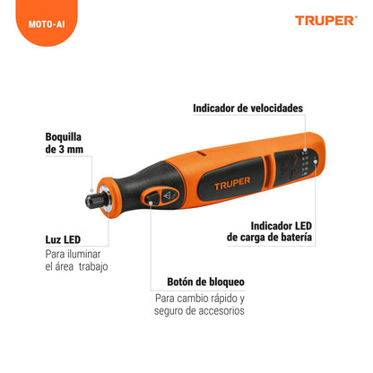 Truper MOTO-AI Herramienta rotativa inalámbrica 7.2 V profesional con 45 accesorios y estuche