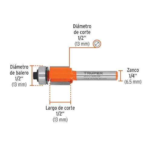 Truper BROU-RB1/2X, Broca para router, corte recto con balero, 1/2"