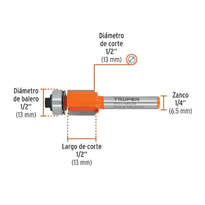 Truper BROU-RB1/2X, Broca para router, corte recto con balero, 1/2"