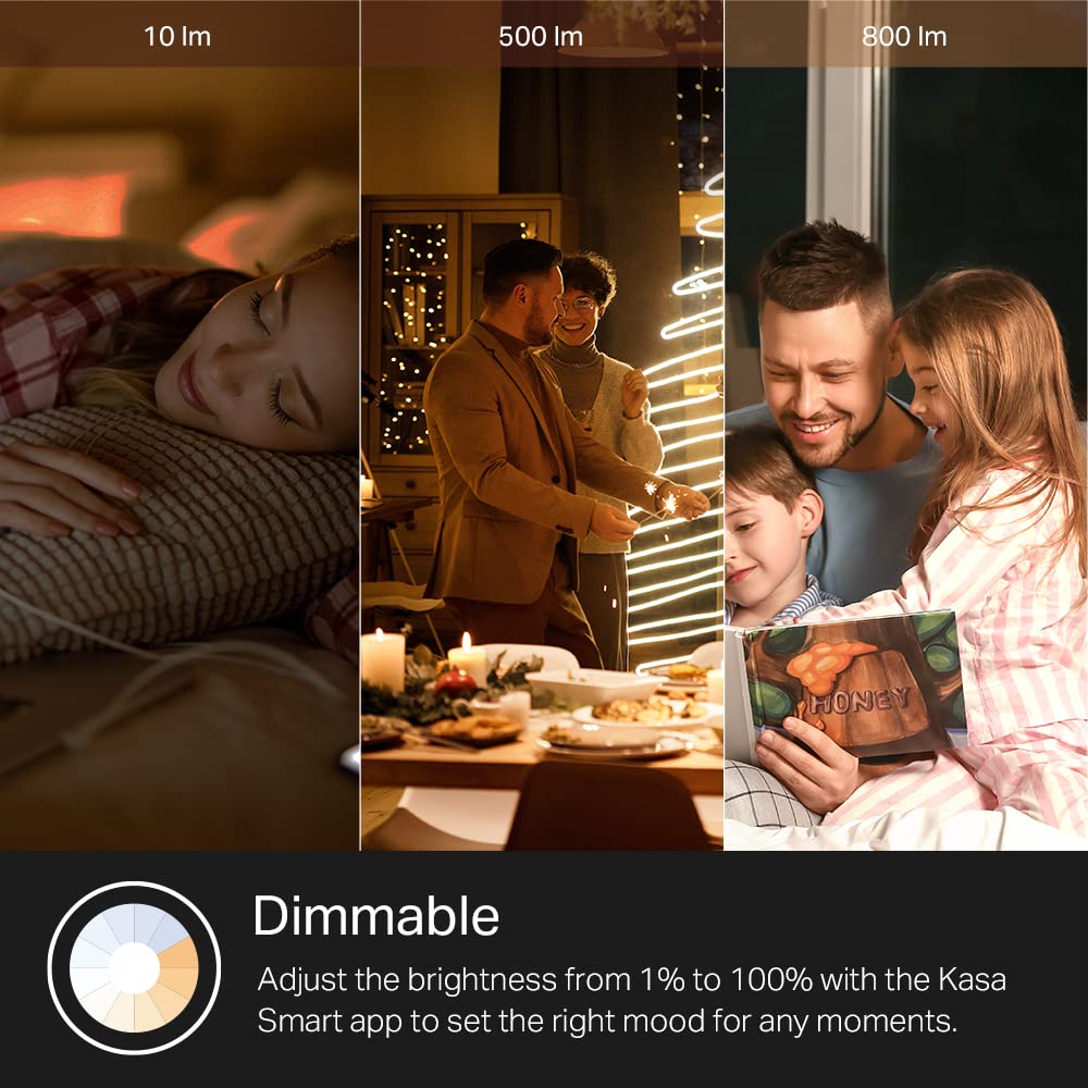Kasa Smart KL110 - Bombilla LED Smart Wi-Fi Alexa funciona con Alexa y Google Home, A19 regulable, 2,4 GHz, no requiere concentrador, 800 lm, blanco suave (2700 K), 10 W (equivalente a 60 W)