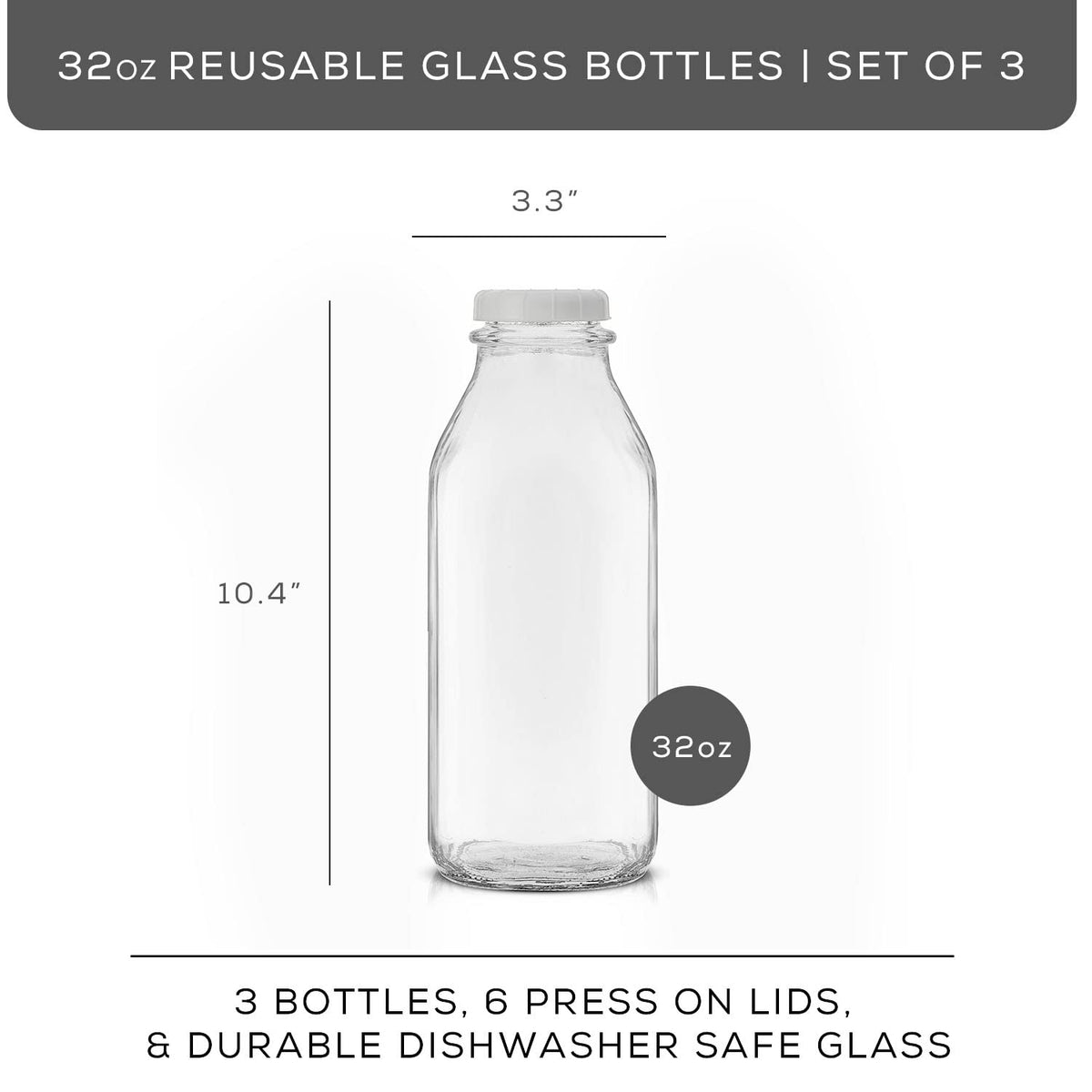 JoyJolt - Botellas de leche de vidrio con tapas y vertedor, 32 onzas, paquete de 3 botellas de vidrio herméticas resistentes y reutilizables, a prueba de fugas, sin BPA, grado alimenticio, apto para