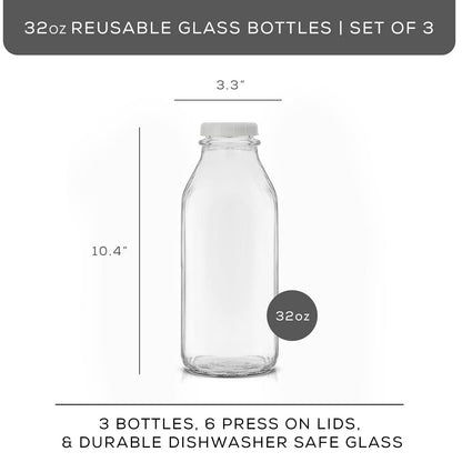 JoyJolt - Botellas de leche de vidrio con tapas y vertedor, 32 onzas, paquete de 3 botellas de vidrio herméticas resistentes y reutilizables, a prueba de fugas, sin BPA, grado alimenticio, apto para