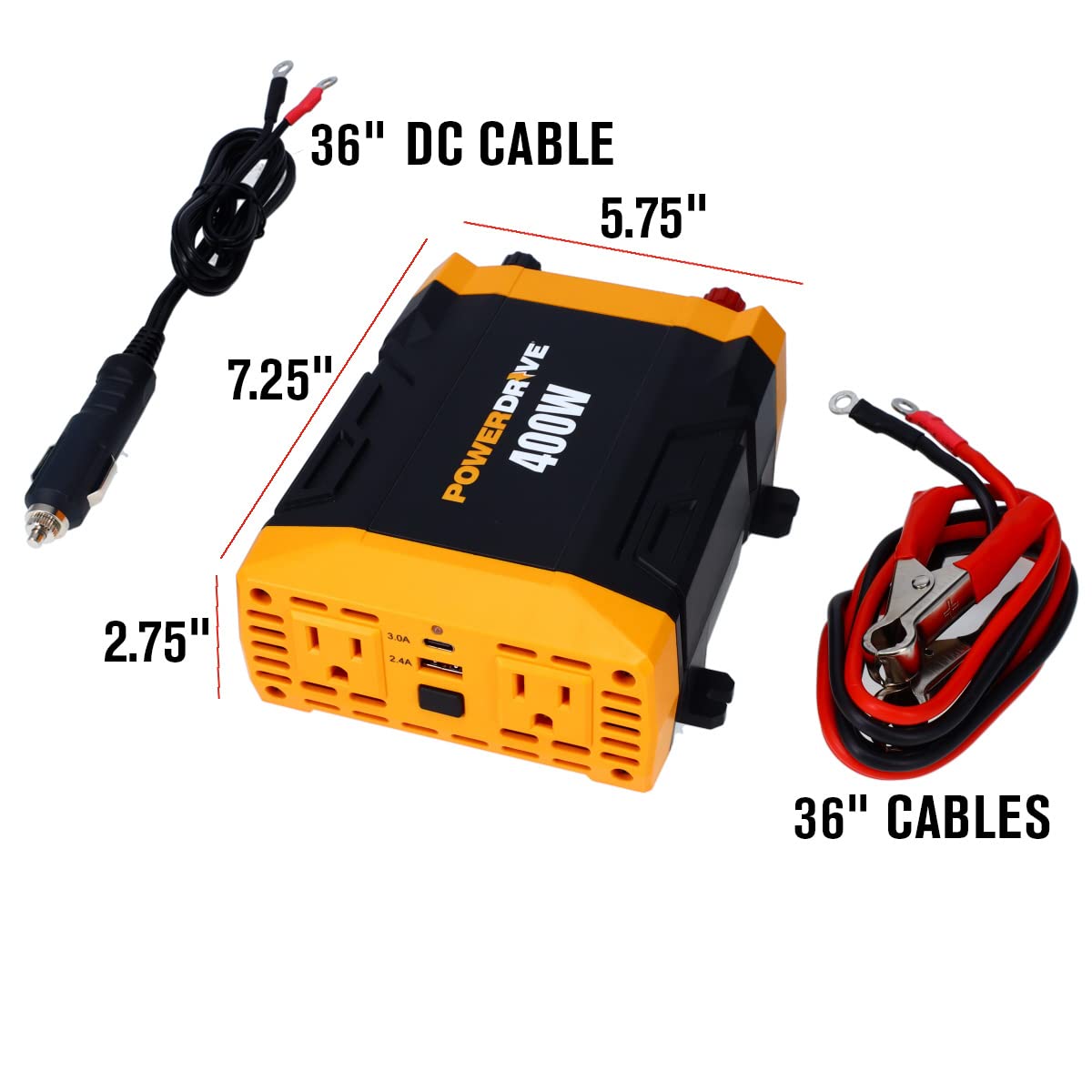 PowerDrive PWD400 - Inversor de Corriente de 400 W, 12 V CC a 110 V CA con 2 tomacorrientes y 2 Puertos