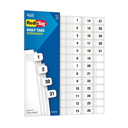 Redi-Tag - Pestañas adhesivas diarias preimpresas, 12 juegos de 1-31 más con pestañas en blanco, 7/17 x 1 pulgadas, etiquetas duraderas y personalizables con calcomanía permanente para planificadores