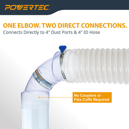 POWERTEC Codo de 90 grados ID/OD de 4 pulgadas para tubos de recogida de polvo de 4 pulgadas, mangueras y accesorios, transparente, 1 paquete
