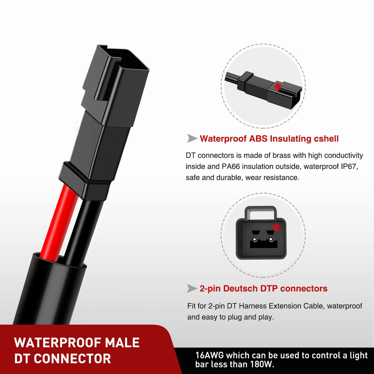 Nilight 10058W Kit de Extensión de Arneés de Cableado 16 AWG de 10 Pies, Conector DT de 2 Pines, para Barra de Luz LED Todoterreno, Paquete de 2