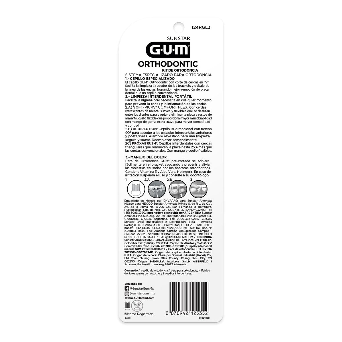 GUM - Kit de Cuidado Bucal para Ortodoncia con Cepillo Especializado en Forma de V, Cera Protectora, Cepillos Interdentales y Palillos Soft Picks con Sabor a Menta - Modelos y Colores Surtidos
