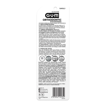 GUM - Kit de Cuidado Bucal para Ortodoncia con Cepillo Especializado en Forma de V, Cera Protectora, Cepillos Interdentales y Palillos Soft Picks con Sabor a Menta - Modelos y Colores Surtidos