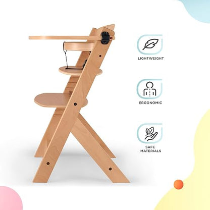 Kinderkraft ENOCK Silla Alta de Madera, Periquera Infantil, Portatil, para niños, Evolutiva silla alta, Ergonómica, Con accesorios, Barrera y Bandeja, Madera natural