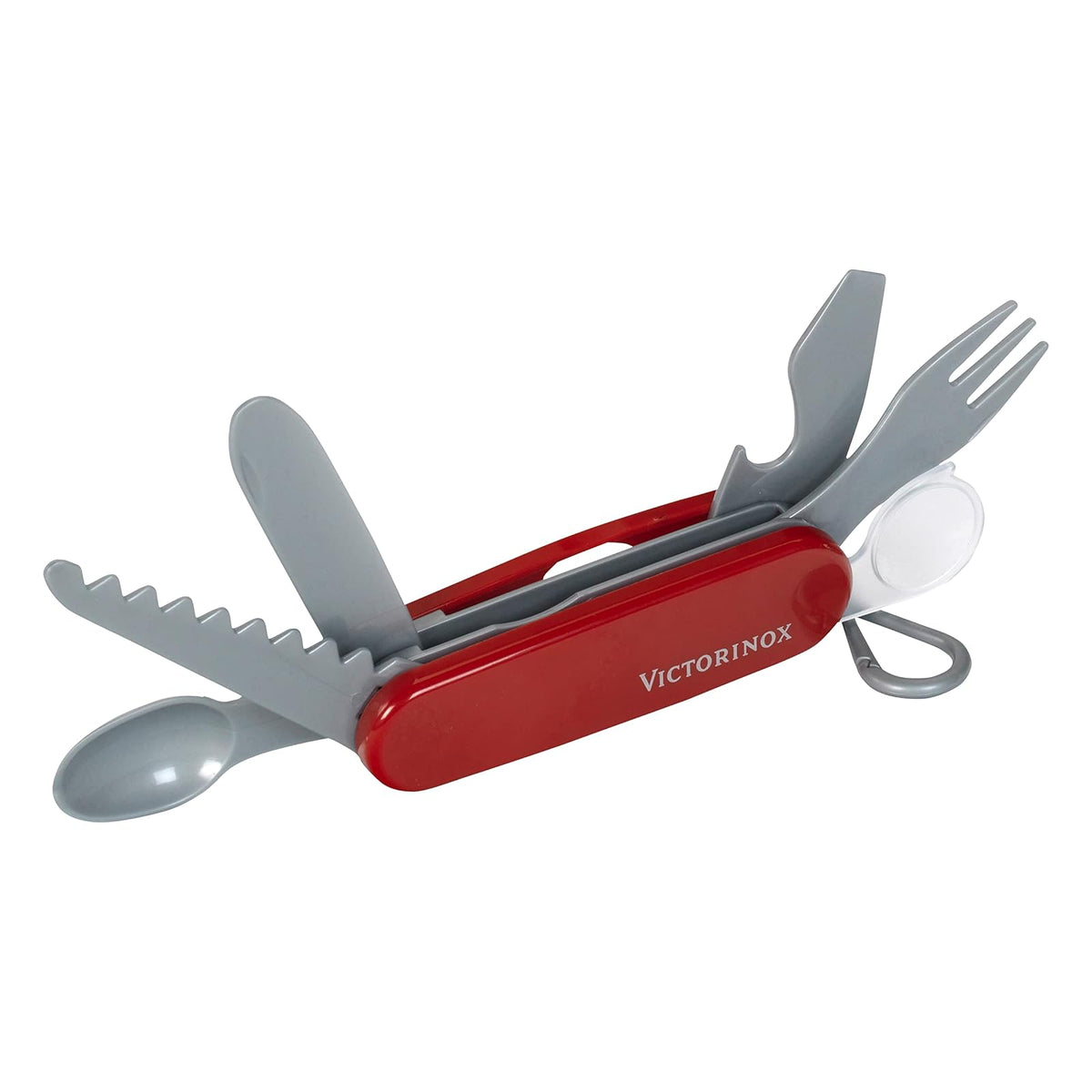 Victorinox Navaja de Bolsillo de Juguete, 8 Usos, Rojo, Navajas de juguete | Cuchillo de bolsillo de plástico para niños con sierra, cuchillo, tenedor y cuchara. Entrenamiento de habilidades motoras sin
