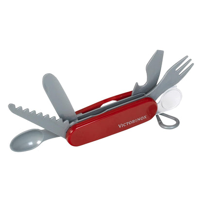 Victorinox Navaja de Bolsillo de Juguete, 8 Usos, Rojo, Navajas de juguete | Cuchillo de bolsillo de plástico para niños con sierra, cuchillo, tenedor y cuchara. Entrenamiento de habilidades motoras sin