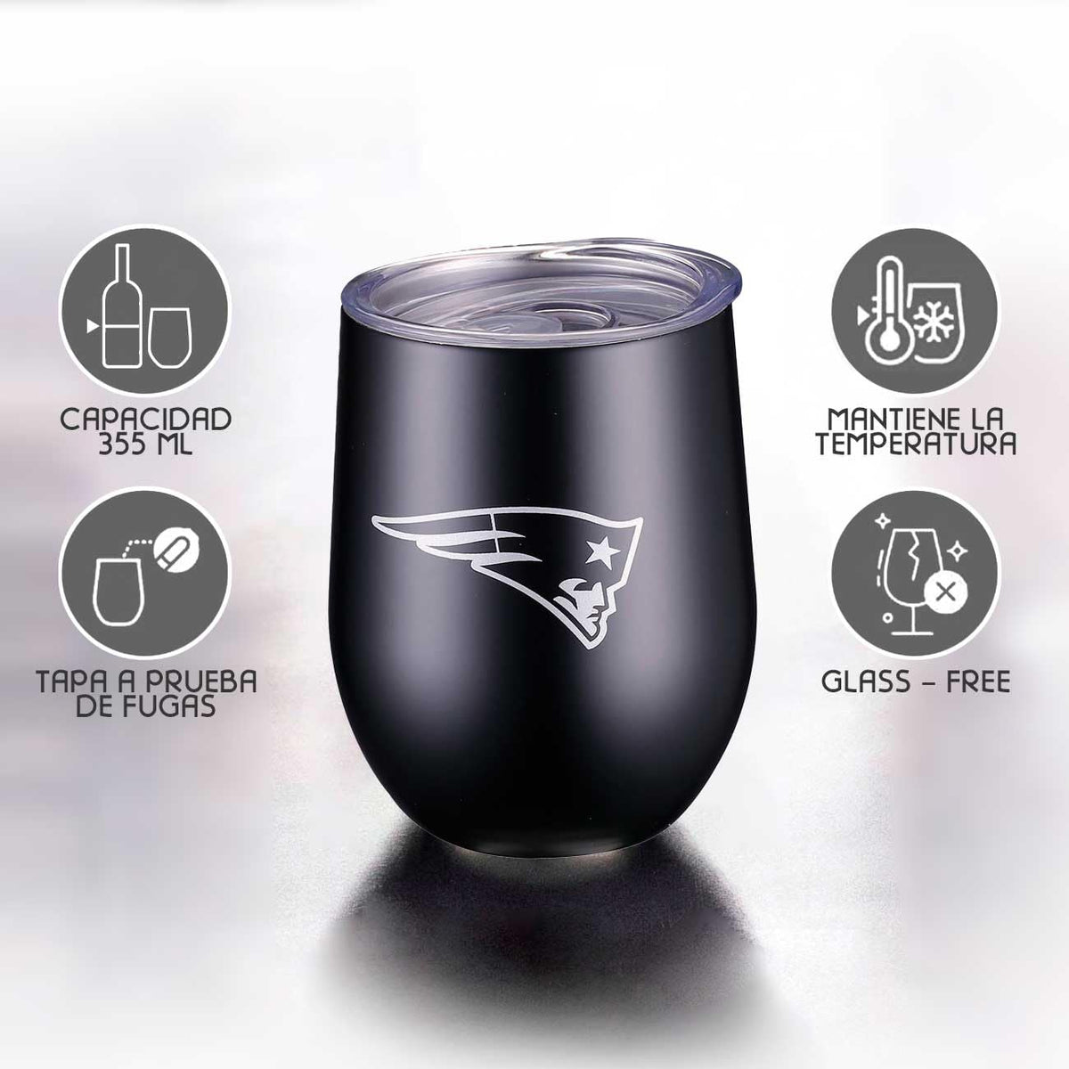 NFL JTNFL-3036-NE Vaso para Vino Metal Tumbler Patriots, Negro, 355 ml | Doble pared aislante; mantiene bebidas calientes 6 horas y frías 12 horas; ideal para vino, café, whisky o cócteles