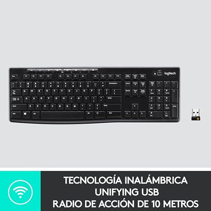 Logitech K270 Teclado Inalámbrico para Windows, Tecnología Inalámbrica 2.4 GHz, Tamaño Normal, Teclado Numérico, 8 Teclas Multimedia, Batería 2 Años, Compatible con PC, Laptop - Negro