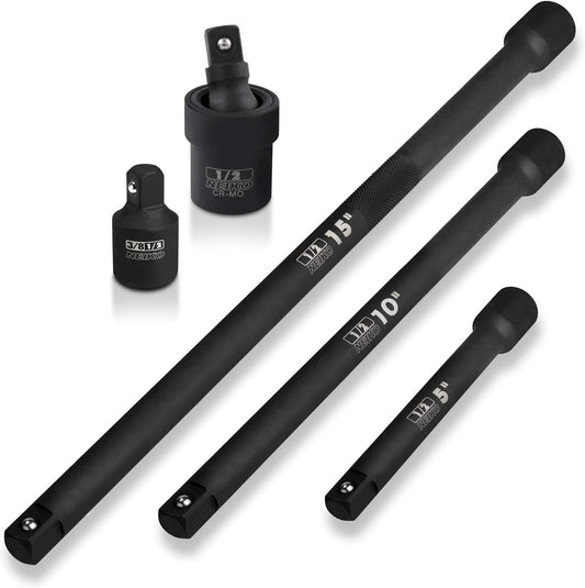 Neiko 00256A - Juego de barra de extensión de impacto y adaptador, 5 piezas, incluye barras de extensión de 5, 10, 15 pulgadas, junta universal y reductor