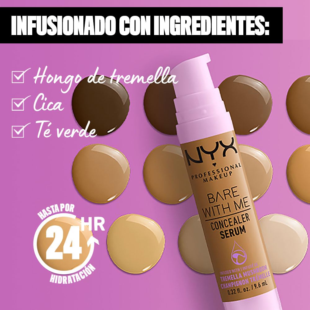 NYX Professional Makeup Bare With Me Sérum Corrector Tono Medium, 9ml - Suero corrector que cubre ojeras, manchas e imperfecciones, cobertura media, hidratación hasta por 24H, fórmula vegana