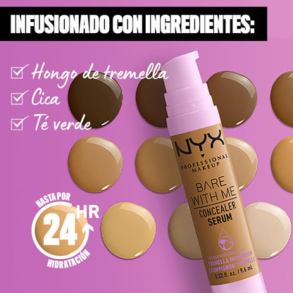 NYX Professional Makeup Bare With Me Sérum Corrector Tono Medium, 9ml - Suero corrector que cubre ojeras, manchas e imperfecciones, cobertura media, hidratación hasta por 24H, fórmula vegana