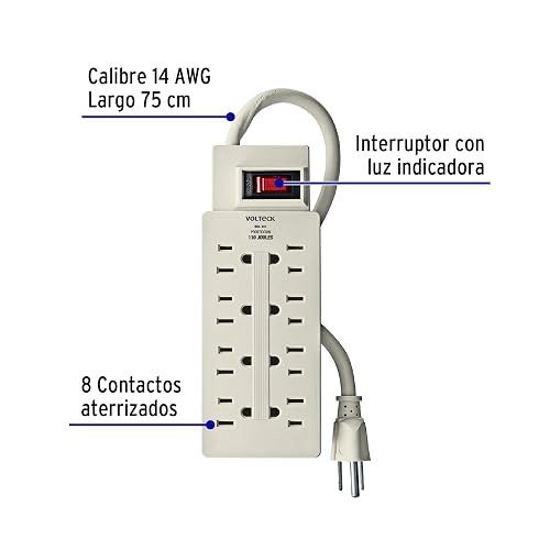 Volteck MUL-811, Multicontacto uso rudo, 8 entradas, supresor, 110 joules