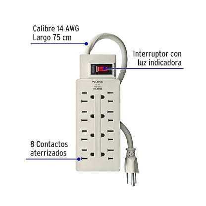Volteck MUL-811, Multicontacto uso rudo, 8 entradas, supresor, 110 joules
