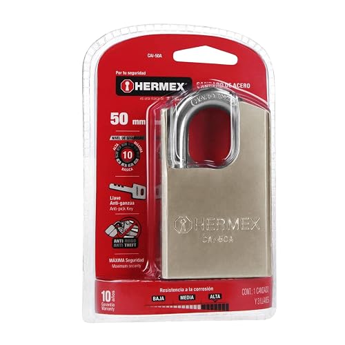 Hermex CAI-50A Candado de Acero con Llave Anti-Ganzúa, 50 mm, 1 Unidad